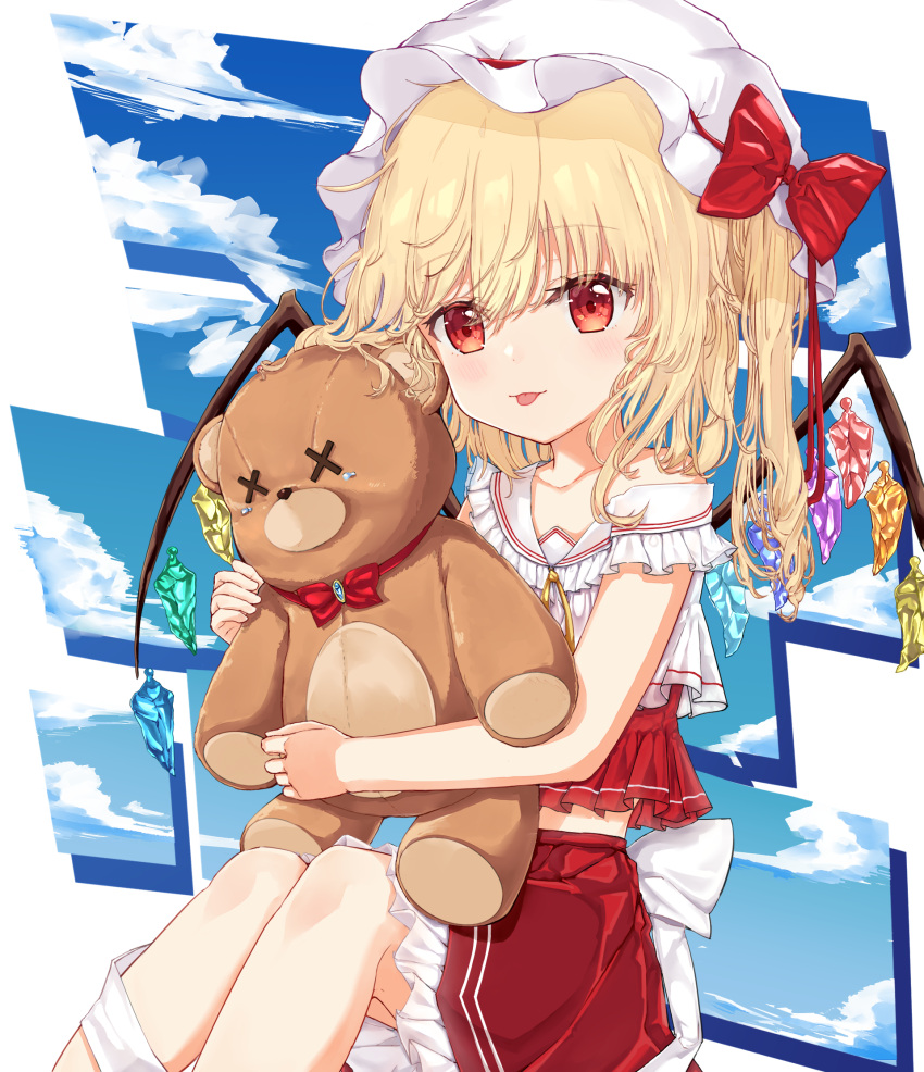 1girl adapted_costume blake_chun blonde_hair bow clouds cloudy_sky crystal flandre_scarlet frilled_shirt_collar frills hat hat_ribbon highres holding holding_stuffed_toy midriff mob_cap multicolored_wings one_side_up red_bow red_eyes red_skirt red_vest ribbon sitting skirt skirt_set sky solo stuffed_animal stuffed_toy teddy_bear tongue tongue_out touhou vest waist_bow wavy_hair white_bow white_headwear wings x_x