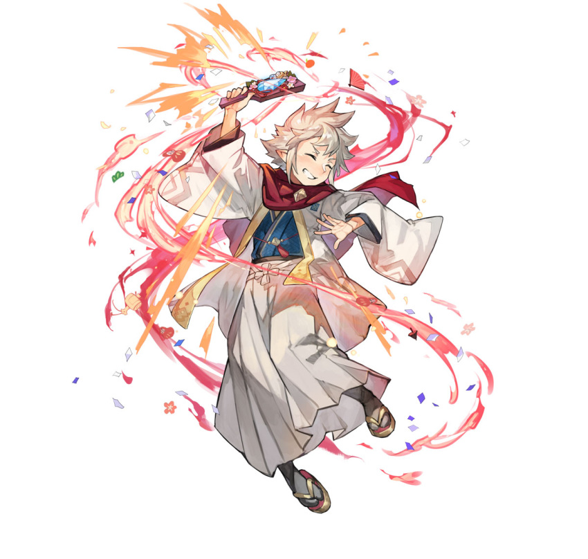 1boy closed_eyes dragonstone fire_emblem fire_emblem_heroes grin hagoita heart_attack japanese_clothes kana_(fire_emblem) kana_(male)_(fire_emblem) kana_(male)_(rising_dragon)_(fire_emblem) kimono official_alternate_costume official_art paddle scarf smile solo spiky_hair teeth v-shaped_eyebrows white_hair