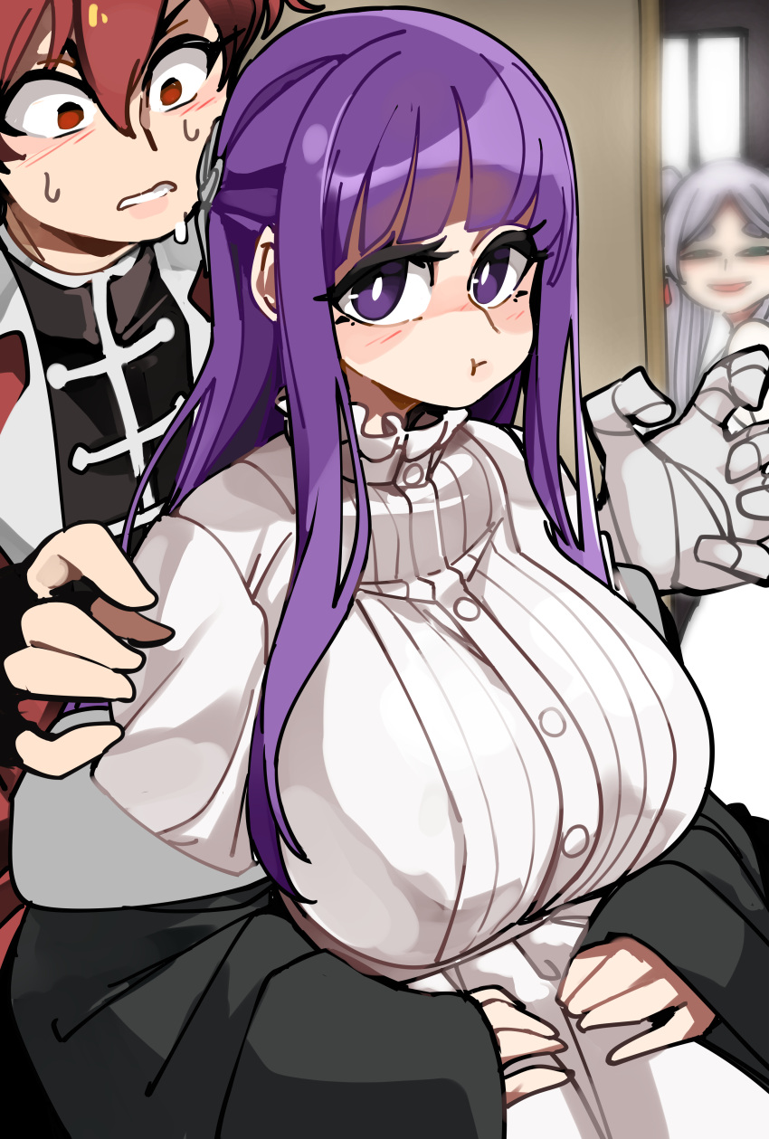 1boy 2girls :t absurdres blunt_bangs blurry blurry_background blush bongfill breasts constricted_pupils cut_bangs dress fern_(sousou_no_frieren) frieren highres large_breasts long_hair looking_at_viewer multiple_girls pout purple_hair redhead sousou_no_frieren stark_(sousou_no_frieren) straight_hair sweatdrop violet_eyes white_dress