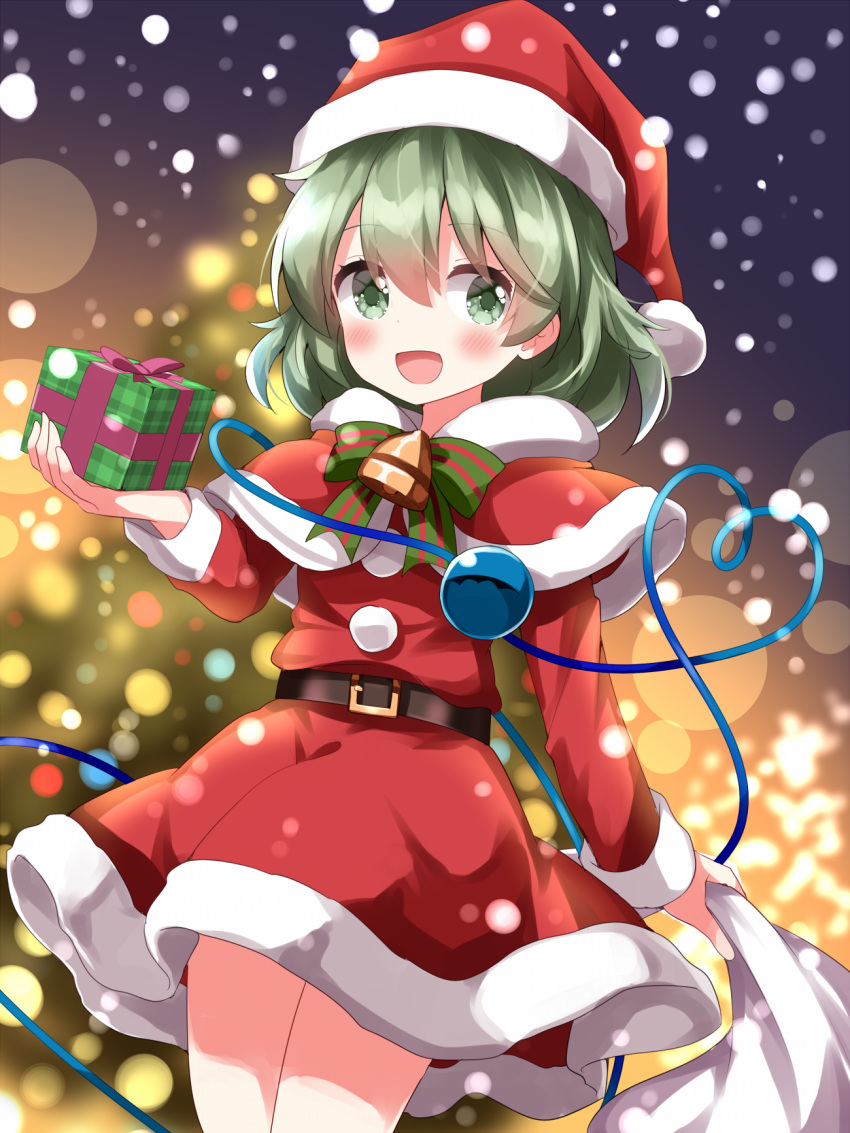 1girl :d belt blurry blurry_background blush capelet christmas_tree commentary_request dress fur_trim gift green_eyes green_hair hat heart heart_of_string highres holding holding_gift holding_sack komeiji_koishi open_mouth red_capelet red_dress red_headwear red_skirt ruu_(tksymkw) sack santa_costume santa_hat short_hair skirt smile snowing solo third_eye touhou