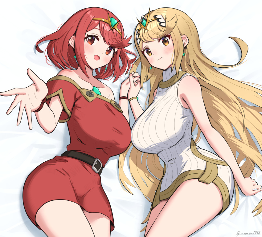 2girls adapted_costume artist_name bare_shoulders belt blanket blonde_hair blush breasts brown_eyes chest_jewel closed_mouth core_crystal_(xenoblade) cowboy_shot gonzarez headpiece highres holding_hands large_breasts lying multiple_girls mythra_(xenoblade) on_back open_mouth orange_eyes pyra_(xenoblade) redhead ribbed_sweater sagging_breasts signature simple_background sweater swept_bangs thick_thighs thighs tiara turtleneck turtleneck_sweater white_background xenoblade_chronicles_(series) xenoblade_chronicles_2