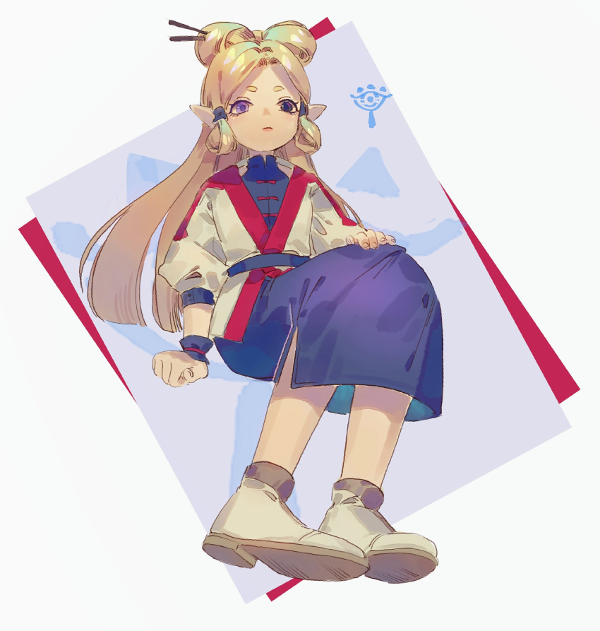 1girl bare_shoulders blonde_hair blue_dress blue_wrist_cuffs blunt_ends bow-shaped_hair brown_socks china_dress chinese_clothes clenched_hand closed_mouth collared_dress dress eyelashes fingernails frown full_body hair_ornament hair_rings hair_tubes hairpin hand_on_lap heterochromia high_collar highres impa jacket long_hair long_sleeves looking_at_viewer pointy_ears puffy_long_sleeves puffy_sleeves shoes sitting sleeveless sleeveless_dress socks solo the_legend_of_zelda the_legend_of_zelda:_breath_of_the_wild violet_eyes white_background white_footwear white_jacket white_sleeves yanmian_(printemps-noir)