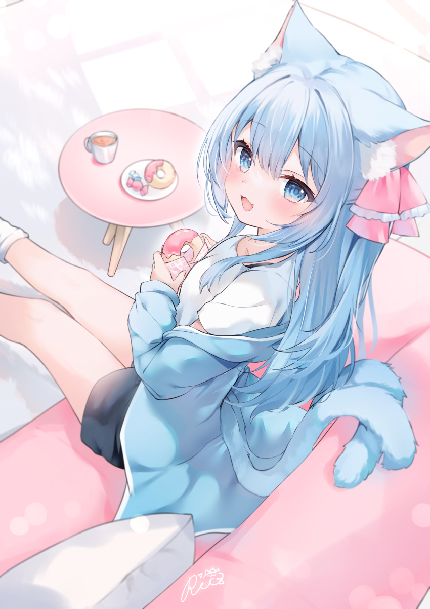 1girl :d absurdres animal_ear_fluff animal_ears black_shorts blue_eyes blue_hair blue_jacket blush cat_ears cat_girl cat_tail commentary_request commission couch doughnut fang feet_out_of_frame food hair_ribbon highres holding holding_food jacket long_hair long_sleeves looking_at_viewer looking_to_the_side multiple_tails off_shoulder on_couch open_clothes open_jacket original pillow pink_ribbon plate puffy_long_sleeves puffy_sleeves ribbon rucaco shirt short_sleeves shorts skeb_commission sleeves_past_wrists smile socks solo table tail two_tails very_long_hair white_shirt white_socks