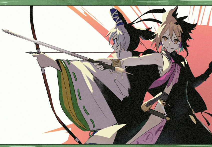 2girls arrow_(projectile) blue_eyes blue_headwear bow_(weapon) bracelet brown_hair closed_mouth commentary_request grey_hair hat highres japanese_clothes jewelry kariginu multiple_girls pointy_ears ribbon-trimmed_sleeves ribbon_trim roowen_taro short_hair smile sword tate_eboshi touhou toyosatomimi_no_miko weapon wide_sleeves