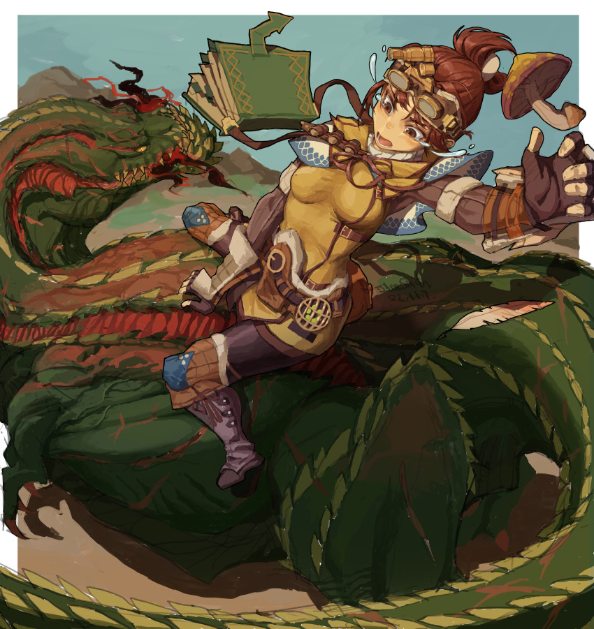 1girl absurdres aura belt_pouch black_footwear book boots border breasts brown_eyes brown_hair colored_skin crying crying_with_eyes_open deviljho fingerless_gloves gauntlets gloves goggles goggles_on_head green_skin handler_(monster_hunter_world) highres jisontang knee_pads leggings lizard_tail looking_at_another looking_down lower_teeth_only monster monster_hunter:_world monster_hunter_(series) mountain mushroom open_mouth pouch quill riding riding_animal scar shawl slit_pupils small_breasts spikes tail tears teeth tongue white_border yellow_eyes yellow_shawl yellow_tunic