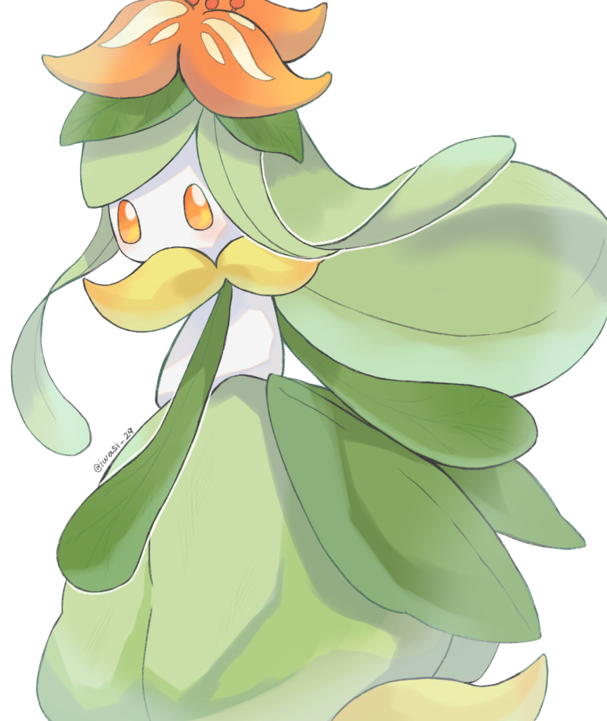 animal_focus artist_name bright_pupils colored_skin commentary_request highres iwasi_29 lilligant looking_back no_humans orange_eyes pokemon pokemon_(creature) twitter_username white_background white_skin