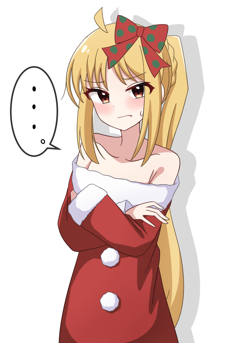 ... 1girl absurdres ahoge bare_shoulders blonde_hair blush bocchi_the_rock! bow bowtie christmas closed_mouth commentary crossed_arms dress frown fur-trimmed_dress fur_trim hair_bow highres ijichi_nijika long_hair long_sleeves looking_at_viewer motti_(motthi0711) off-shoulder_dress off_shoulder red_bow red_bowtie red_eyes shadow side_ponytail sidelocks simple_background solo spoken_ellipsis standing sweatdrop white_background