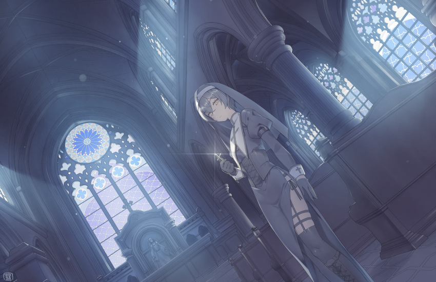 1girl black_hair black_thighhighs boots church cross cross_necklace dutch_angle garter_straps habit heibonkaeru highres indoors jewelry necklace nun original side_slit stained_glass thigh-highs yellow_eyes