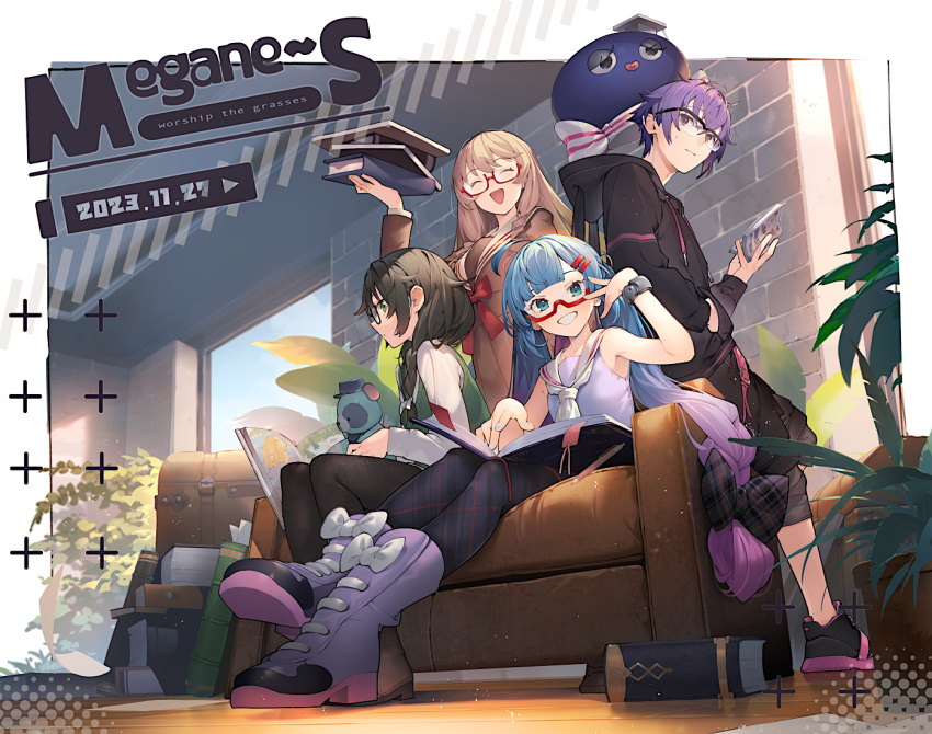 1boy 3girls ^_^ ahoge animal_hood argyle argyle_bow argyle_pantyhose black_hair black_hoodie black_pants black_pantyhose blonde_hair blue_hair blunt_bangs book book_stack boots border bow bowtie braid brick_wall brown_serafuku cevio closed_eyes commentary_request couch dated english_text engrish_text facing_viewer foreshortening glasses gradient_hair green_eyes green_sweater_vest grin hair_bow hair_ornament hair_over_shoulder hairclip hanakuma_chifuyu haruno_sora high_heel_boots high_heels holding holding_book hood hood_down hoodie indoors larkpatch leaning_on_object long_hair long_sleeves looking_at_viewer looking_to_the_side low_twin_braids low_twintails multicolored_hair multiple_girls neckerchief on_couch open_book otomachi_una otomachi_una_(talkex) outside_border outstretched_legs pants pantyhose pile plant potted_plant purple_footwear purple_hair purple_shirt rabbit_hood ranguage red_bow red_bowtie romaji_text school_uniform semi-rimless_eyewear serafuku shirinda_fureiru shirt short_hair sitting sleeveless sleeveless_shirt smile standing stuffed_animal stuffed_toy sweatdrop sweater_vest synthesizer_v talkex teddy_bear trait_connection twin_braids twintails very_long_hair violet_eyes vocaloid voicepeak voiceroid white_border white_neckerchief white_shirt wristband yuzuki_yukari's_younger_twin_brother