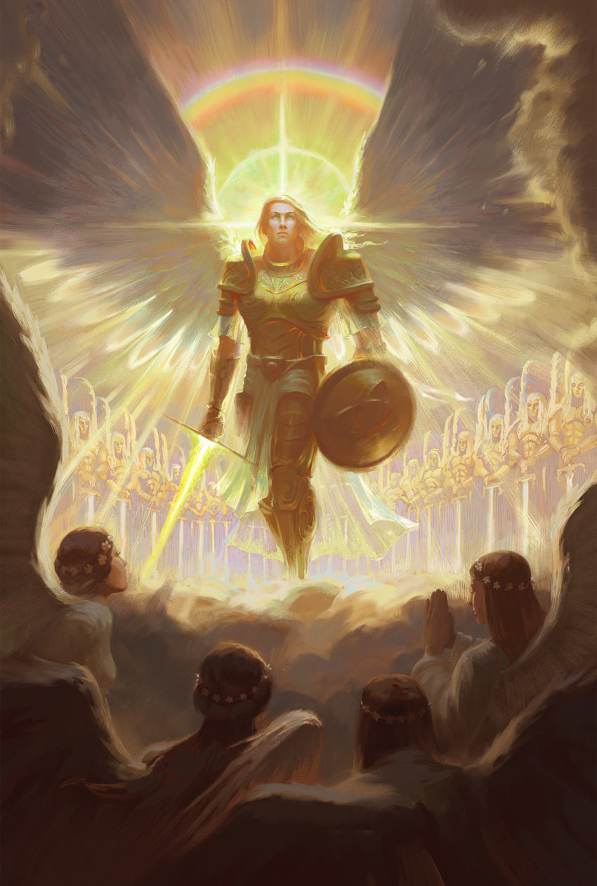 4boys 6+boys absurdres angel angel_wings archangel_michael armor blonde_hair blue_eyes bowing breastplate brown_hair commentary english_commentary feathered_wings full_armor gauntlets glowing glowing_sword glowing_weapon god's_sword_giants_and_the_demon_wars_of_gath gold gold_armor greaves halo harshanandsingh heaven highres holding holding_sword holding_weapon long_hair multiple_boys ornate_armor pauldrons rainbow_halo shield shoulder_armor sword vambraces weapon wings
