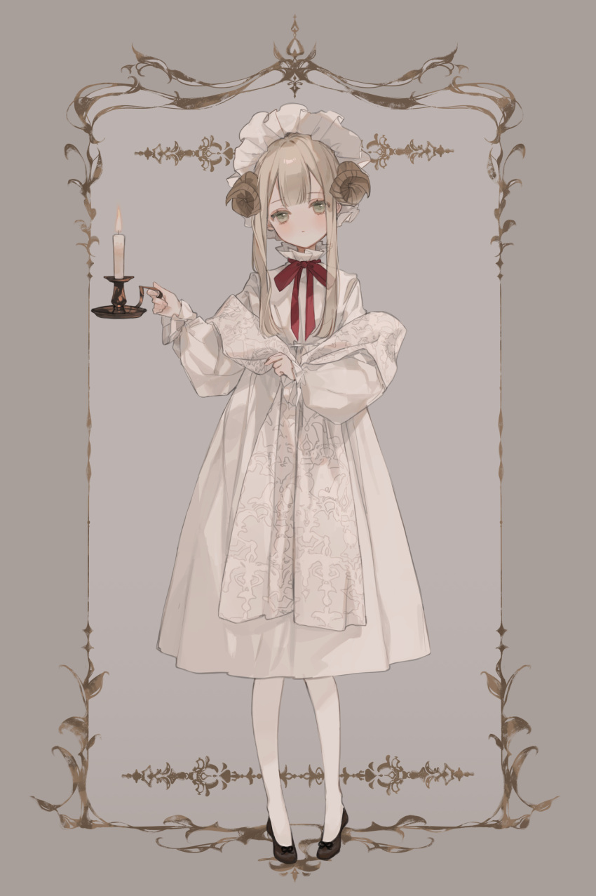 1girl absurdres black_footwear bonnet candle curled_horns dress expressionless green_eyes grey_hair highres holding holding_candle horns kyuumura long_sleeves looking_at_viewer neck_ribbon original red_ribbon ribbon solo standing white_dress