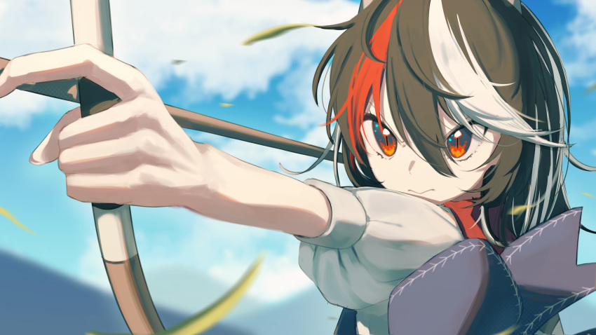 1girl absurdres arrow_(projectile) back_bow black_hair blue_bow bow bow_(weapon) clouds cloudy_sky commentary_request drawing_bow frown hair_between_eyes highres holding holding_bow_(weapon) holding_weapon horns kijin_seija long_hair looking_ahead multicolored_hair nanashi_nasi outstretched_arm puffy_sleeves red_eyes redhead shirt short_sleeves sky solo streaked_hair touhou upper_body weapon white_hair white_shirt