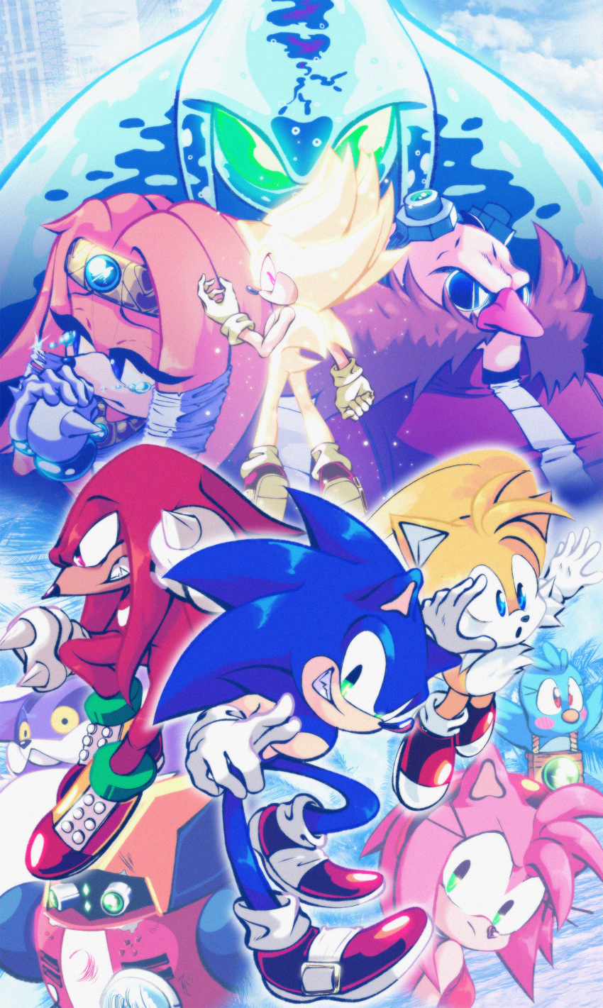 1other 2girls 5boys :/ absurdres alien amy_rose animal_ears animal_nose arm_at_side arm_up bald bare_shoulders big_the_cat bird black_eyes blonde_hair blue-tinted_eyewear blue_eyes blue_gemstone blue_hair blue_skin blush blush_stickers body_fur breasts cat_boy chaos_(sonic) clenched_teeth closed_mouth coat colored_sclera colored_skin commentary crying dr._eggman dress e-102_gamma english_commentary everyone eyewear_on_head facial_hair flicky_(character) fox_boy fox_ears fox_tail from_behind full_body furry furry_female furry_male gem glasses gloves glowing goggles gold green-tinted_eyewear green_eyes green_gemstone grey-framed_eyewear grin hairband half-closed_eyes hand_up hands_up happy headband highres knuckles_the_echidna light_particles long_hair looking_at_viewer looking_back looking_to_the_side multicolored_footwear multiple_boys multiple_girls multiple_views mustache nano_(nanolovesyou) open_mouth orange_fur orange_hair outline outstretched_arm own_hands_together pince-nez pink_hair profile purple_fur raised_eyebrows red_coat red_dress red_eyes red_footwear red_fur red_hairband redhead robot round_eyewear shoes sidelocks sideways_mouth sleeveless sleeveless_dress small_breasts smile snout socks sonic_(series) sonic_adventure sonic_the_hedgehog spiked_gloves spiky_hair sunglasses super_sonic tail tails_(sonic) tears teeth tikal_the_echidna tinted_eyewear two-tone_fur violet_eyes white_fur white_gloves white_outline white_socks wide-eyed yellow_fur yellow_headband yellow_sclera