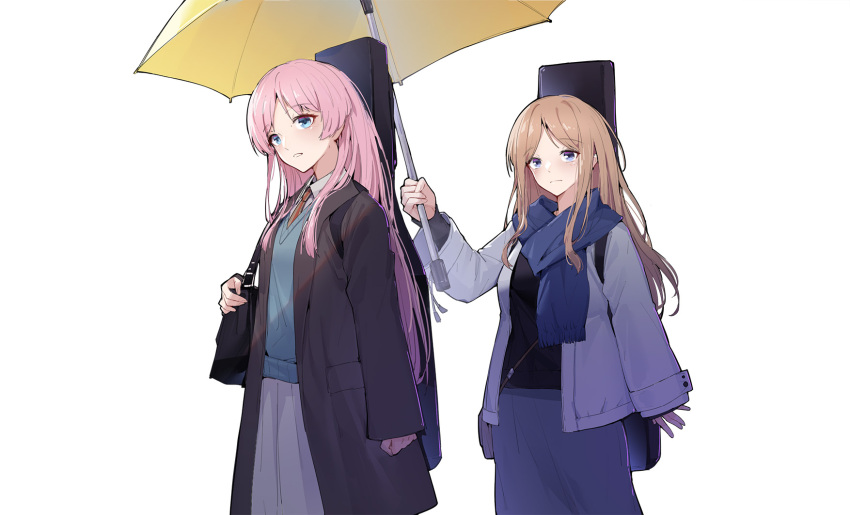 2girls bag bang_dream! bang_dream!_it's_mygo!!!!! black_shirt blue_eyes blue_scarf blue_sweater_vest brown_coat brown_hair chihaya_anon chinese_commentary coat collared_shirt commentary_request guitar_case handbag highres holding holding_umbrella instrument_case jacket long_hair multiple_girls nagasaki_soyo necktie open_clothes open_coat open_jacket pink_hair red_necktie scarf shirt simple_background skirt sweater_vest umbrella white_background white_jacket white_shirt yellow_umbrella yun_cao_bing