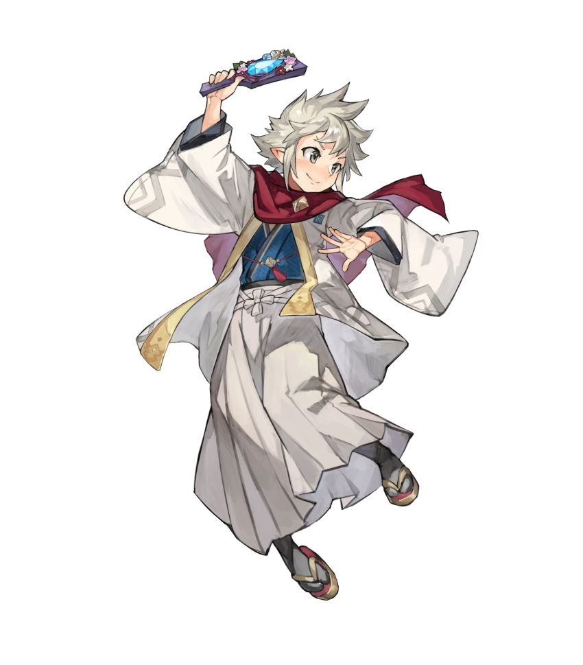 1boy dragonstone envelope fire_emblem fire_emblem_fates fire_emblem_heroes grey_eyes hagoita highres holding holding_envelope japanese_clothes kana_(fire_emblem) kana_(male)_(fire_emblem) kana_(male)_(rising_dragon)_(fire_emblem) kimono looking_at_viewer non-web_source official_alternate_costume official_art open_mouth paddle scarf smile solo spiky_hair white_hair