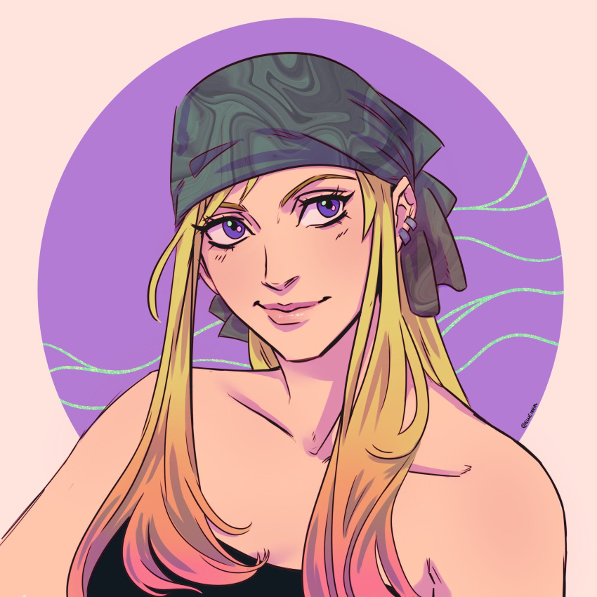 1girl bandana blonde_hair circle earrings ellie_mehl english_commentary fullmetal_alchemist highres jewelry looking_to_the_side purple_background sidelocks simple_background smile solo winry_rockbell