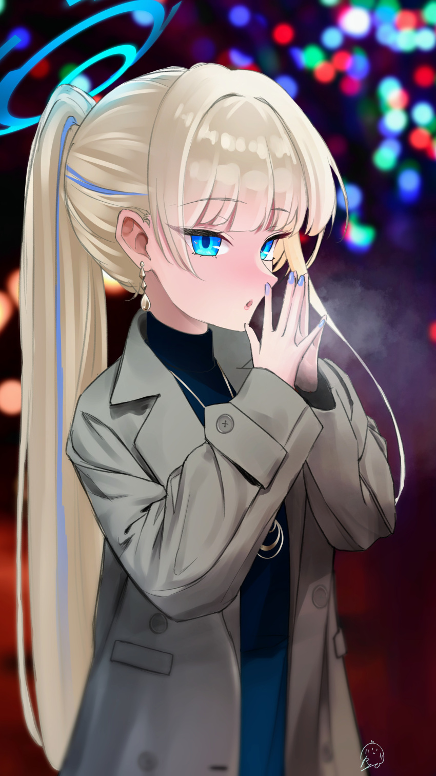 1girl absurdres blonde_hair blue_archive blue_eyes blue_hair blue_halo blue_nails blue_shirt blue_skirt blush city_lights gold_necklace grey_jacket halo highres jacket jewelry long_hair looking_at_viewer multicolored_hair nail_polish necklace onion_(kumagaioyr) open_mouth ponytail shirt skirt solo streaked_hair toki_(blue_archive)