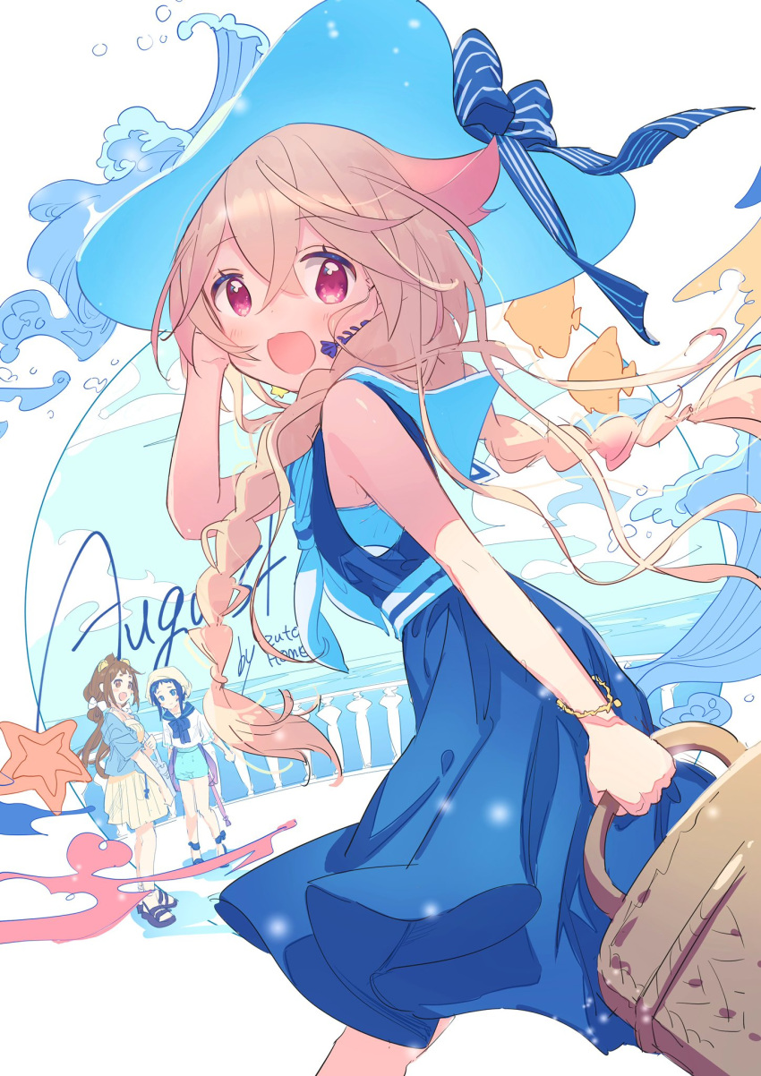 3girls :d animal_ears ankle_bow armpit_crease august bag basket belt blue_belt blue_bow blue_bowtie blue_dress blue_eyes blue_footwear blue_hair blue_headwear blue_jacket blue_sailor_collar blue_shorts blue_undershirt blush_stickers bow bowtie bracelet braid breasts brown_eyes brown_hair cat_ears dress earrings fish_bone_earrings flat_chest floating_hair food from_side hair_bow hand_on_headwear hat hat_bow head_scarf highres holding holding_basket indie_virtual_youtuber jacket jewelry long_hair looking_at_another looking_at_viewer looking_to_the_side low_twintails multiple_girls neckerchief ocean open_mouth picnic_basket pinstripe_bow purple_footwear railing red_eyes sailor_collar sailor_shirt sanada_yuki_(vtuber) sandals shirt short_eyebrows short_hair shorts shoulder_bag sidelocks sleeveless smile spaghetti_strap standing star_(symbol) star_earrings starfish striped_belt sun_hat sundress takuan tassel tsumugizawa_anna twin_braids twintails undershirt virtual_youtuber walking waves white_bow white_shirt wind yai_(vtuber) yellow_bracelet yellow_dress zuho_(vega)