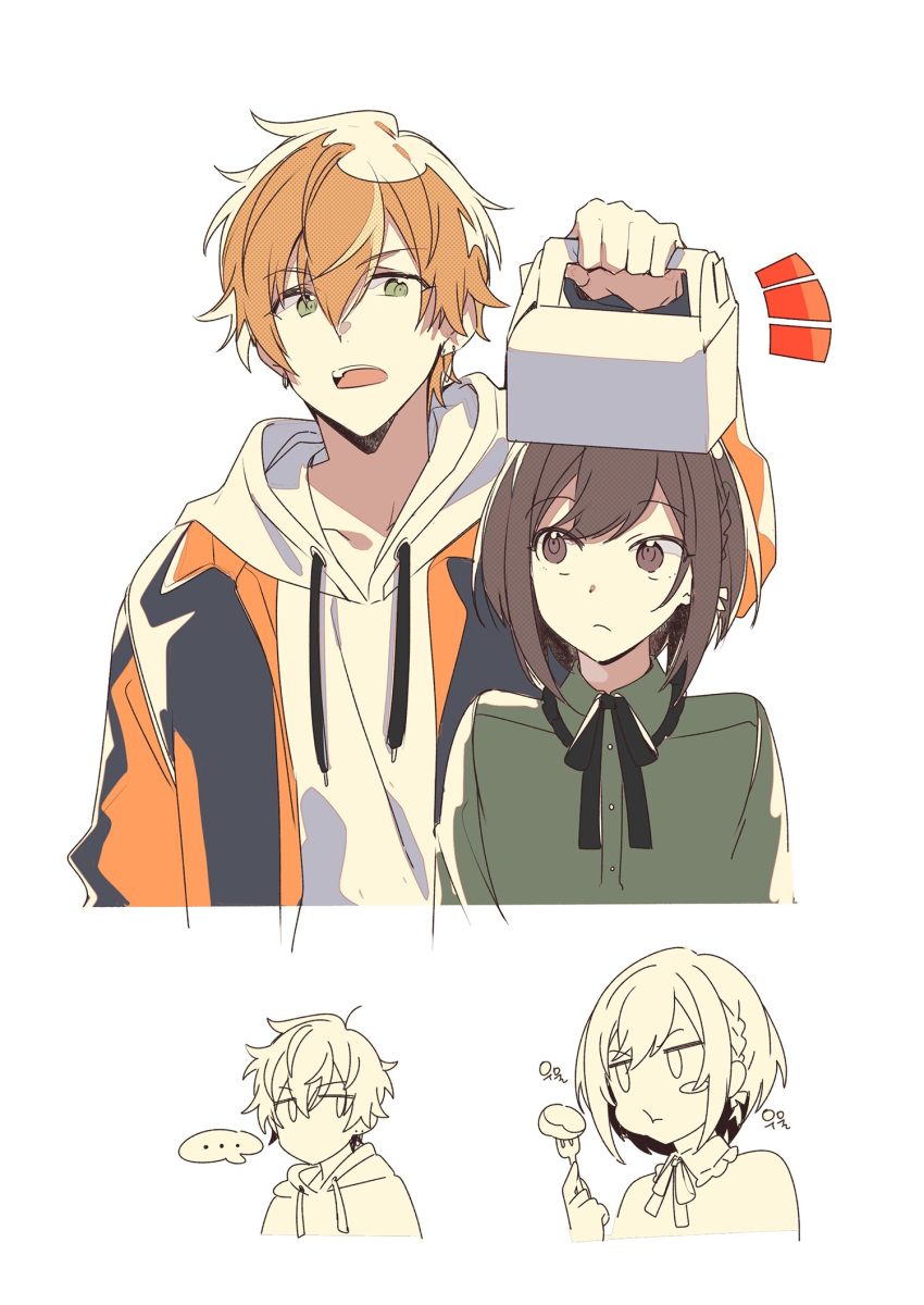 ... 1boy 1girl ap_bar bow braid brother_and_sister brown_eyes brown_hair closed_mouth collared_shirt eating highres holding hood hoodie jacket long_sleeves multicolored_hair open_mouth orange_hair pastry_box pout project_sekai shinonome_akito shinonome_ena shirt short_hair siblings simple_background streaked_hair upper_body