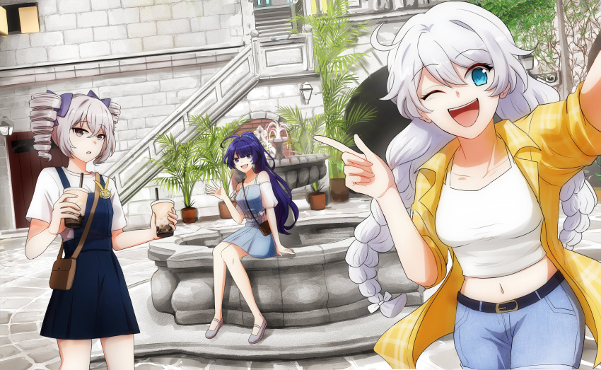 3girls :d ;d absurdres ahoge anniversary bare_shoulders belt blue_bow blue_dress blue_eyes blue_pants bow braid bronya_zaychik casual cup door dress drill_hair drinking_straw english_commentary fountain grey_eyes grey_hair hair_bow highres holding holding_cup homu_(honkai_impact) honkai_(series) honkai_impact_3rd jacket kiana_kaslana kunikabuki long_hair looking_at_viewer midriff milk_tea multiple_girls navel off-shoulder_dress off_shoulder one_eye_closed open_clothes open_jacket open_mouth outdoors pants philippines pinafore_dress plant purple_hair raiden_mei second-party_source shirt short_sleeves sitting sleeveless sleeveless_dress smile stairs stomach tile_floor tile_wall tiles twin_braids twin_drills violet_eyes white_bow white_hair white_shirt window yellow_jacket