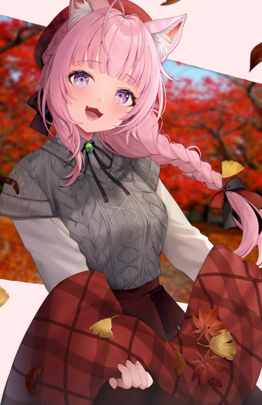 1girl :3 :d alternate_costume alternate_hairstyle animal_ear_fluff animal_ears antenna_hair autumn autumn_leaves black_ribbon blue_eyes blunt_bangs blurry blurry_background blush bow braid braided_ponytail commentary cowboy_shot depth_of_field eyelashes falling_leaves floating_hair grey_sweater hair_bow hakui_koyori happy highres holding_shawl hololive leaf long_hair long_sleeves looking_at_viewer low_ponytail maple_leaf neck_ribbon open_mouth outstretched_arms pink_hair plaid_shawl red_shawl ribbon shawl shirt short_sleeves smile solo standing sweater two-tone_eyes usushio very_long_hair violet_eyes virtual_youtuber white_shirt wolf wolf_ears