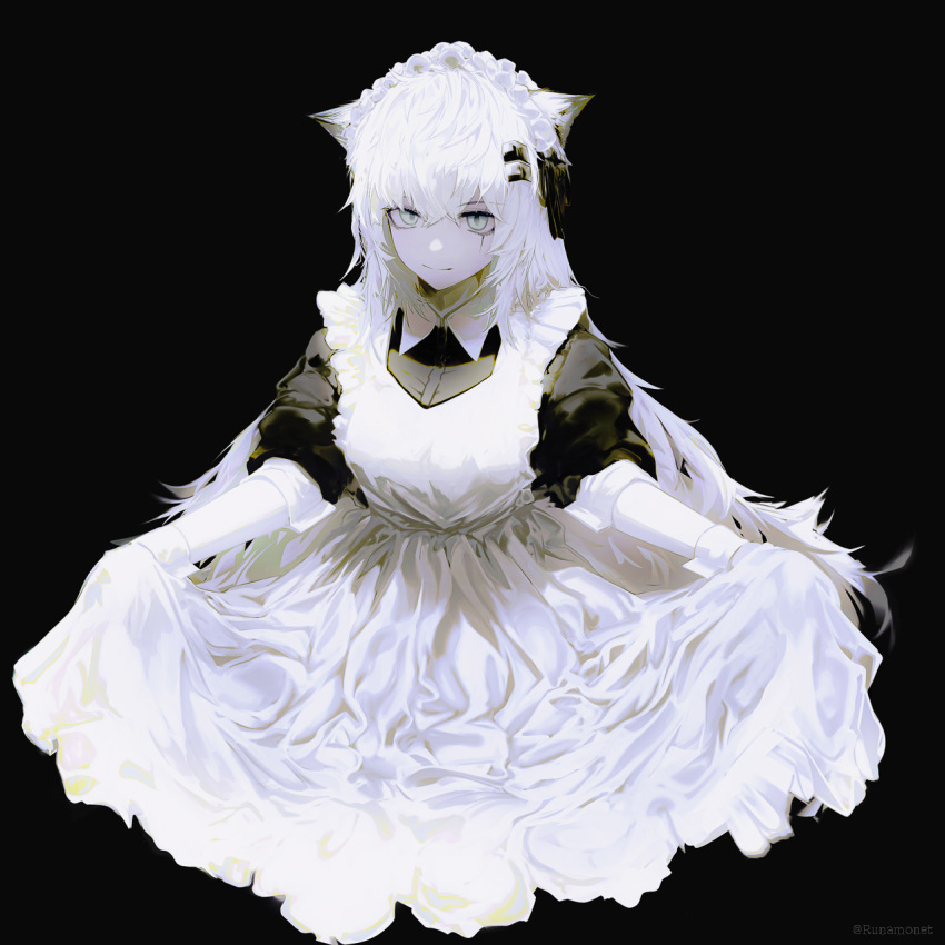 1girl alternate_costume animal_ear_fluff animal_ears apron apron_hold aqua_eyes arknights artist_name breasts closed_mouth collared_dress commentary cropped_torso dress enmaided frilled_apron frills greyscale hair_between_eyes hair_ornament hair_ribbon hairclip headdress high_contrast highres lappland_(arknights) light_smile long_hair looking_at_viewer maid maid_apron maid_headdress medium_breasts messy_hair monochrome puffy_short_sleeves puffy_sleeves revision ribbon runamonet scar scar_across_eye scar_on_face short_sleeves simple_background solo spot_color twitter_username upper_body very_long_hair wing_collar wolf_ears wolf_girl wrist_cuffs