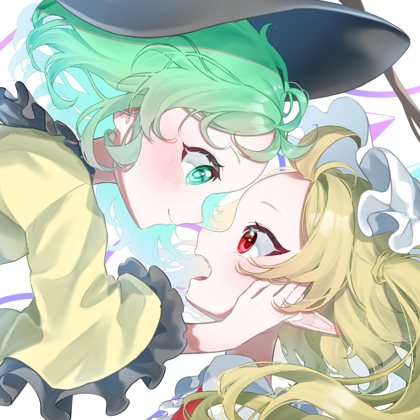 2girls 72mikan_1687 black_headwear blonde_hair blush close-up closed_mouth commentary eye_contact eyelashes fang flandre_scarlet floating_hair forehead forehead-to-forehead frilled_shirt_collar frilled_sleeves frills from_side green_eyes green_hair hand_on_another's_cheek hand_on_another's_face hat heads_together highres komeiji_koishi long_hair long_sleeves looking_at_another medium_hair mob_cap multiple_girls nose open_mouth pointy_ears profile red_eyes shirt simple_background smile surprised teeth touhou tsurime upper_teeth_only white_background white_headwear wide-eyed wide_sleeves yellow_shirt