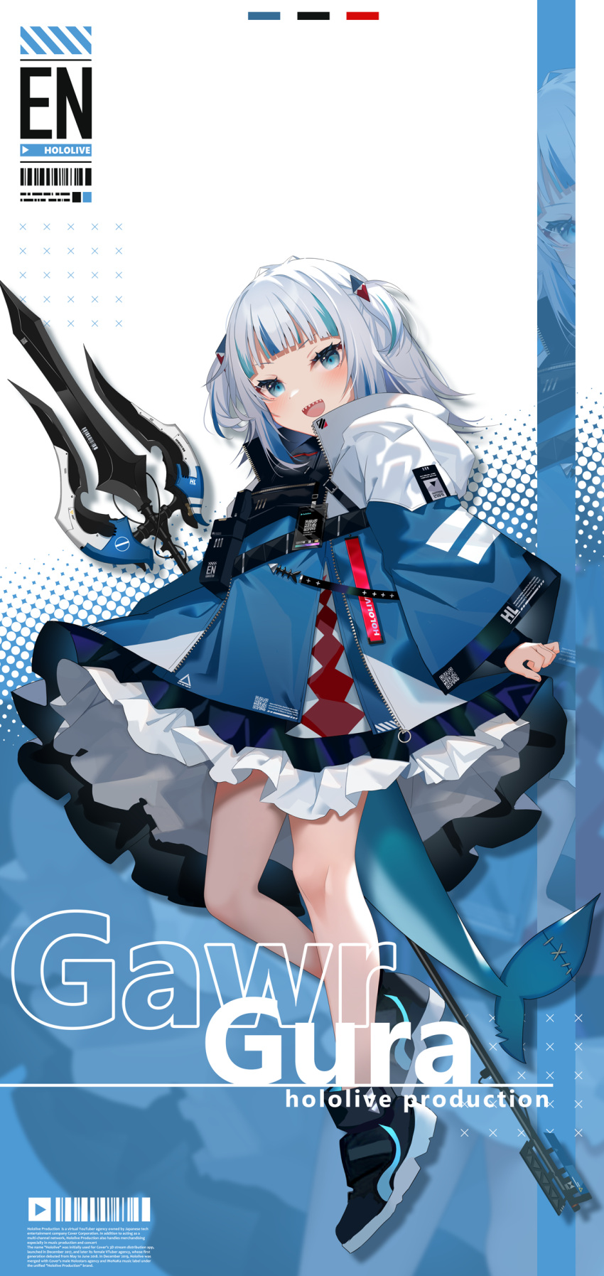 1girl :d absurdres blue_eyes blue_hair blue_jacket blunt_bangs blush character_name commentary_request copyright_name fins fish_tail from_behind full_body gawr_gura grey_hair hair_ornament highres hololive hololive_english ishihara_(kuniyoshi) jacket layered_skirt long_hair looking_at_viewer multicolored_hair open_mouth petticoat polearm popped_collar shark_hair_ornament shark_tail sharp_teeth shoes skirt smile sneakers solo streaked_hair tail teeth trident two-sided_fabric two-sided_jacket two_side_up virtual_youtuber weapon white_jacket
