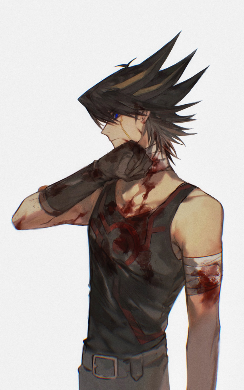1boy absurdres arm_up bandaged_arm bandaged_neck bandages belt black_hair black_tank_top blood blood_on_bandages blood_on_chest blood_on_clothes blood_on_face blue_eyes brown_gloves elbow_gloves expressionless facial_mark facial_tattoo fudou_yuusei gloves grey_background highres male_focus multicolored_hair naoki_(2rzmcaizerails6) no_jacket pants short_hair simple_background solo spiky_hair standing streaked_hair tank_top tattoo upper_body wiping_face yu-gi-oh! yu-gi-oh!_5d's