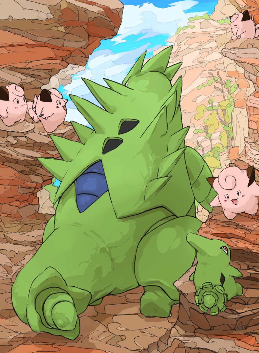 animal_focus aomon_(yuuji7604) black_eyes blue_sky canyon clefairy clouds colored_skin commentary evolutionary_line fang from_behind full_body green_skin highres larvitar no_humans open_mouth outdoors pink_skin pokemon pokemon_(creature) red_eyes sky spikes tail tyranitar