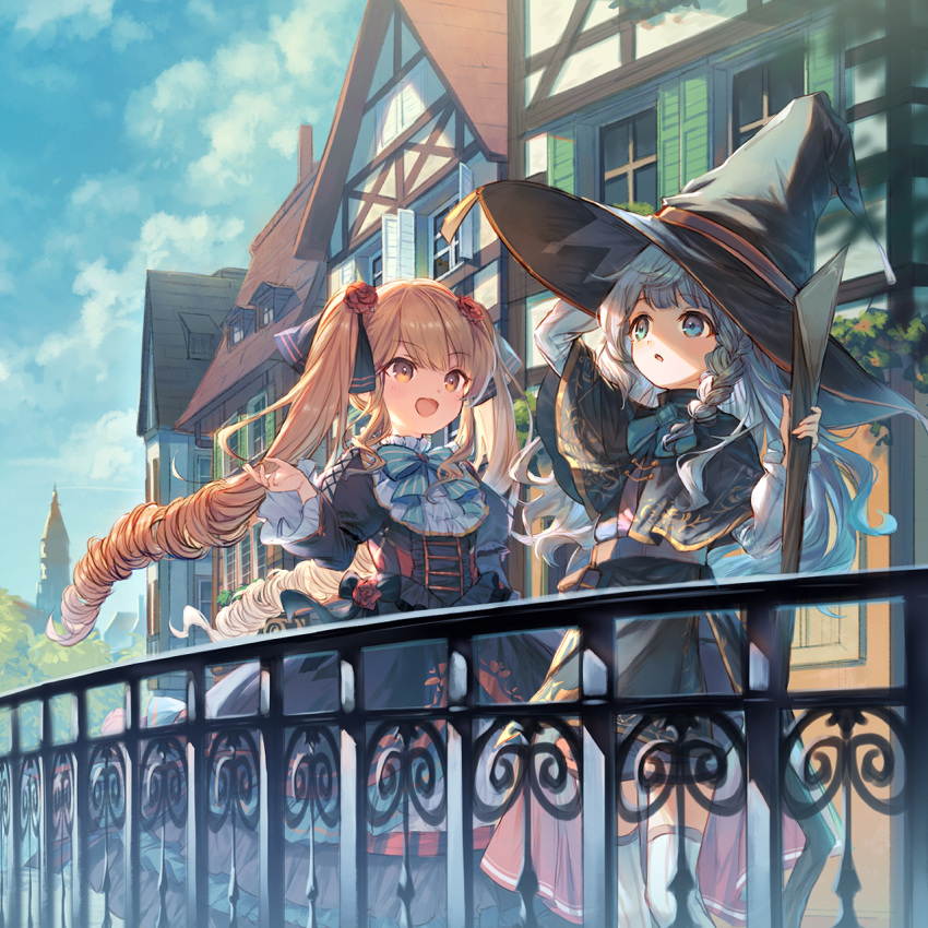 2girls :d blonde_hair blue_eyes blue_hair blue_sky bow bowtie braid building capelet clouds dress drill_hair fence hat highres holding long_sleeves looking_afar looking_at_another multiple_girls original outdoors sky smile takedanoko thigh-highs twin_drills white_thighhighs window witch witch_hat yellow_eyes