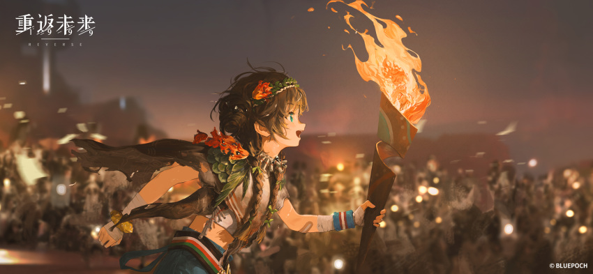 2girls :d audience bandaged_arm bandaged_hand bandages bandaid bandaid_on_arm blue_eyes blue_pants blue_wristband blurry blurry_background brown_cape brown_hair cape championship_belt cloak copyright_name copyright_notice double_bun elemental_(creature) fire fire_elemental flower from_side grey_cloak hair_bun hair_flower hair_ornament head_wreath highres holding holding_torch leaf_cape logo long_hair looking_ahead midriff multiple_girls night night_sky official_art official_wallpaper pants profile red_flower reverse:1999 running scrunchie shirt short_sleeves sky smile solo_focus spathodea_(reverse:1999) stadium sweat torch torn_cloak torn_clothes ulu_(reverse:1999) upper_body white_shirt wrist_scrunchie