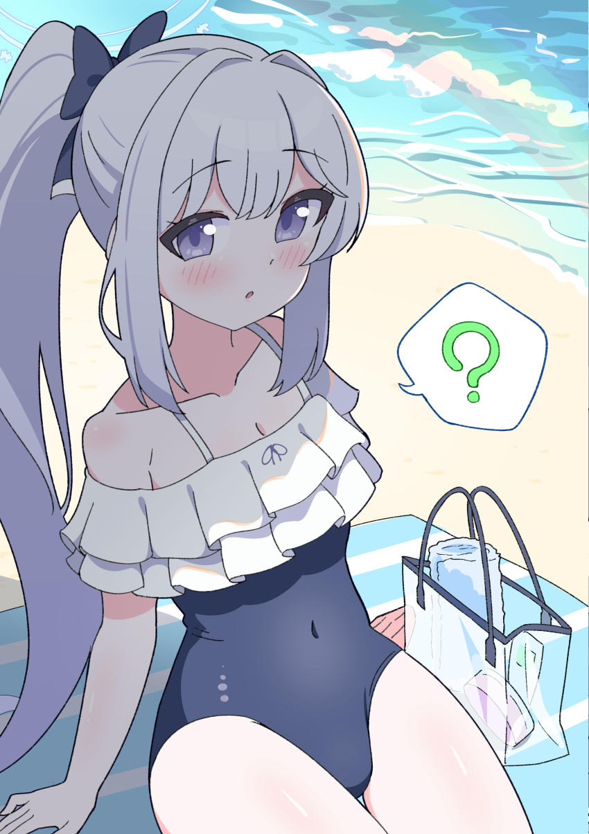 1girl ? absurdres bare_shoulders beach blue_archive blue_bow blue_one-piece_swimsuit blush bow expressionless frilled_one-piece_swimsuit frills hair_bow highres looking_at_viewer miyako_(blue_archive) miyako_(swimsuit)_(blue_archive) ocean one-piece_swimsuit open_mouth outdoors ponytail solo spoken_question_mark swimsuit torikoshi_kurou transparent_bag violet_eyes white_hair