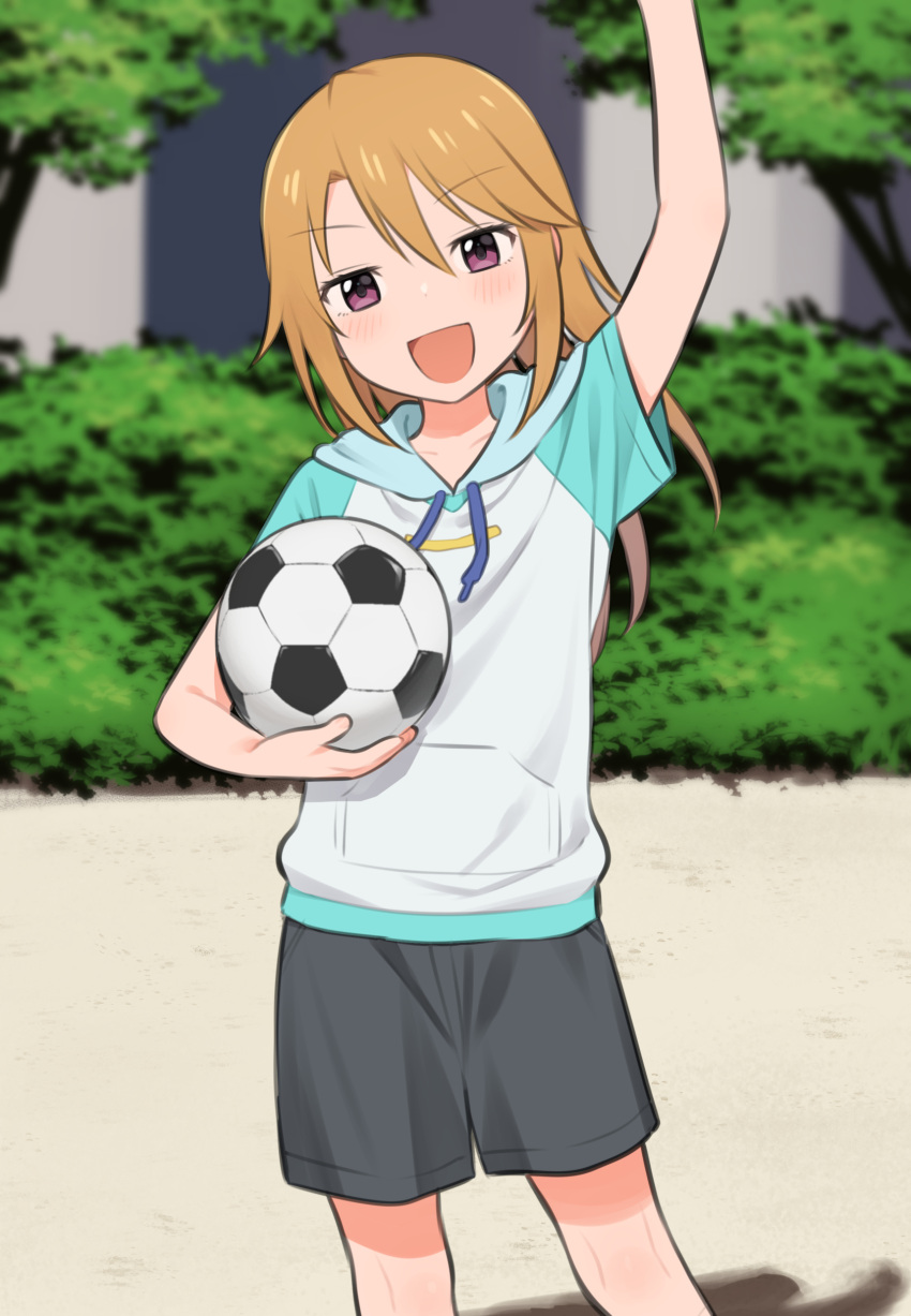 1girl absurdres arm_up ball blonde_hair blush commentary_request cowboy_shot drawstring foliage grey_shorts hair_between_eyes hand_out_of_frame highres holding holding_ball hood hood_down hoodie idolmaster idolmaster_cinderella_girls long_hair looking_at_viewer meis_(terameisu) open_mouth outdoors short_sleeves shorts sidelocks smile soccer_ball solo standing tree violet_eyes yuuki_haru