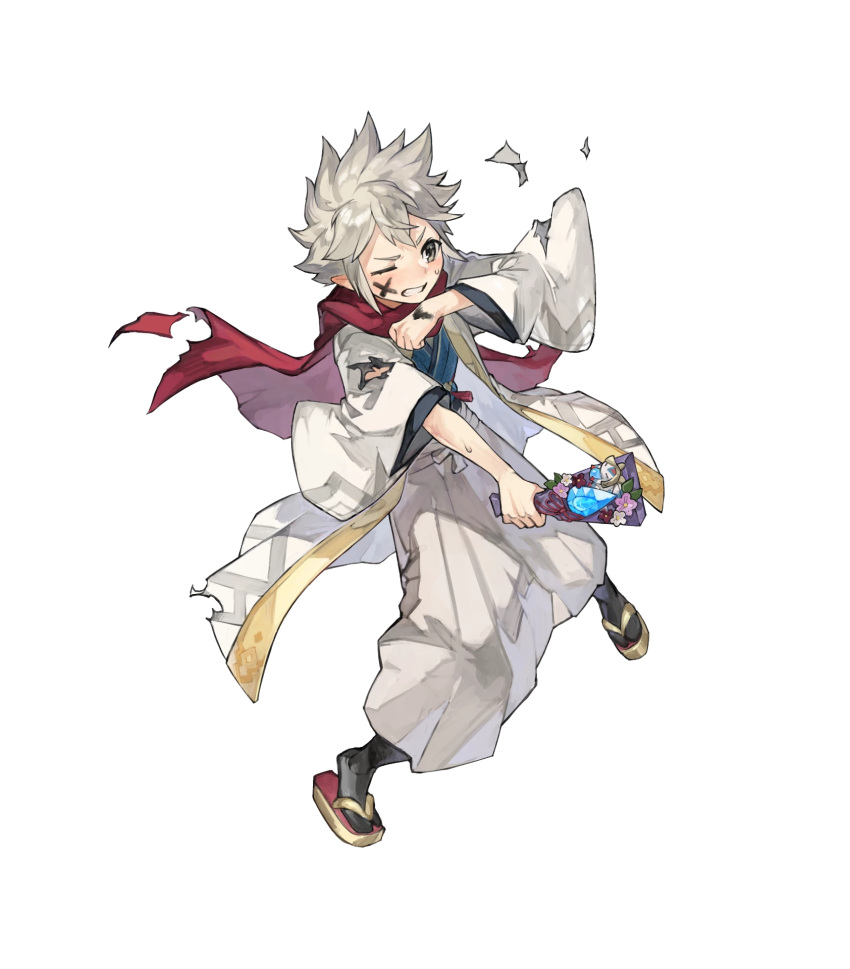1boy closed_eyes dragonstone fire_emblem fire_emblem_fates fire_emblem_heroes grin hagoita heart_attack highres japanese_clothes kana_(fire_emblem) kana_(male)_(fire_emblem) kana_(male)_(rising_dragon)_(fire_emblem) kimono non-web_source official_alternate_costume official_art paddle scarf smile solo spiky_hair teeth v-shaped_eyebrows white_hair