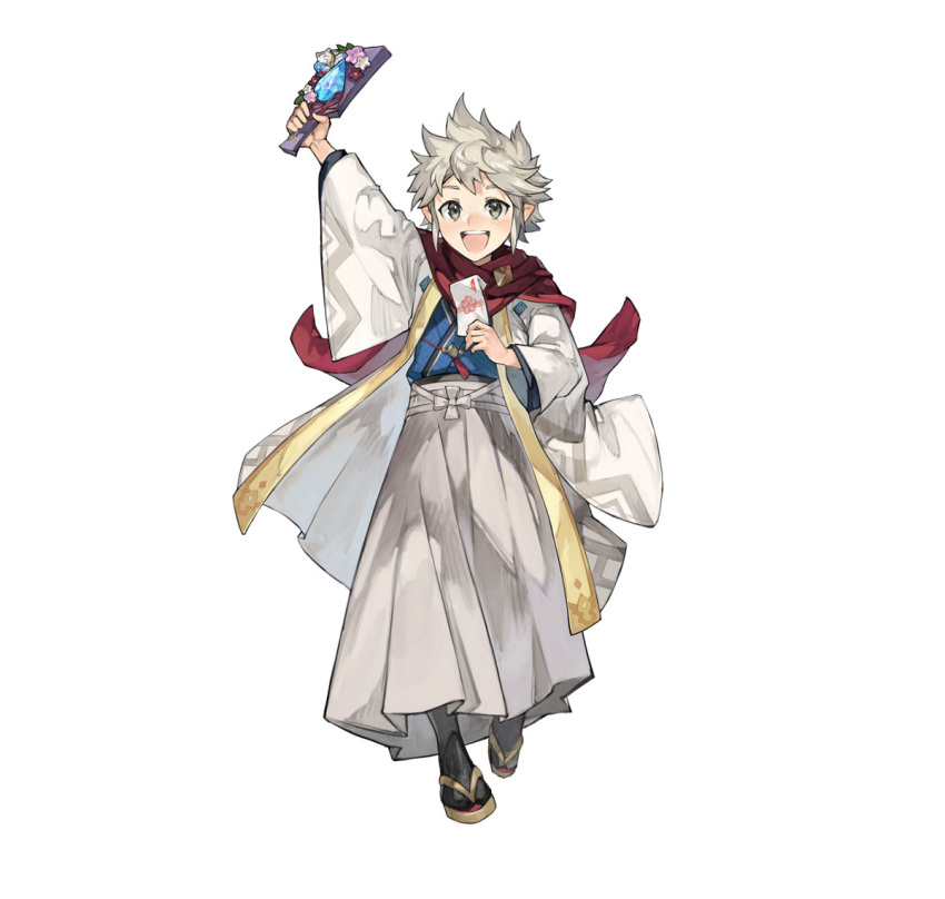 1boy dragonstone envelope fire_emblem fire_emblem_heroes grey_eyes hagoita holding holding_envelope japanese_clothes kimono looking_at_viewer official_alternate_costume official_art open_mouth paddle scarf smile solo spiky_hair white_hair