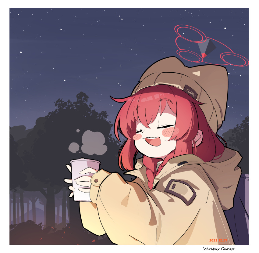 1girl absurdres blue_archive blush closed_eyes cup domado hair_between_eyes halo hat highres holding holding_cup hood hood_down hooded_jacket jacket long_sleeves looking_at_viewer maki_(blue_archive) maki_(camp)_(blue_archive) night official_alternate_costume official_alternate_hairstyle open_mouth outdoors puffy_long_sleeves puffy_sleeves red_halo redhead smile solo yellow_headwear yellow_jacket