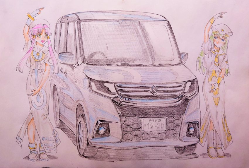 2girls :d alice_carroll aria_(manga) arm_up beret blue_bow blue_bowtie blue_car blue_eyes blush boots bow bowtie closed_mouth cwind dress fingerless_gloves gloves gold_trim green_eyes green_hair hair_tubes hat license_plate long_hair looking_at_another mizunashi_akari motor_vehicle multiple_girls necktie open_mouth orange_planet_uniform parted_bangs pink_hair sailor_collar short_hair_with_long_locks short_sleeves side_slit simple_background single_glove sketch smile standing suzuki_(company) suzuki_solio traditional_media van vehicle_focus white_dress white_footwear white_headwear yellow_necktie