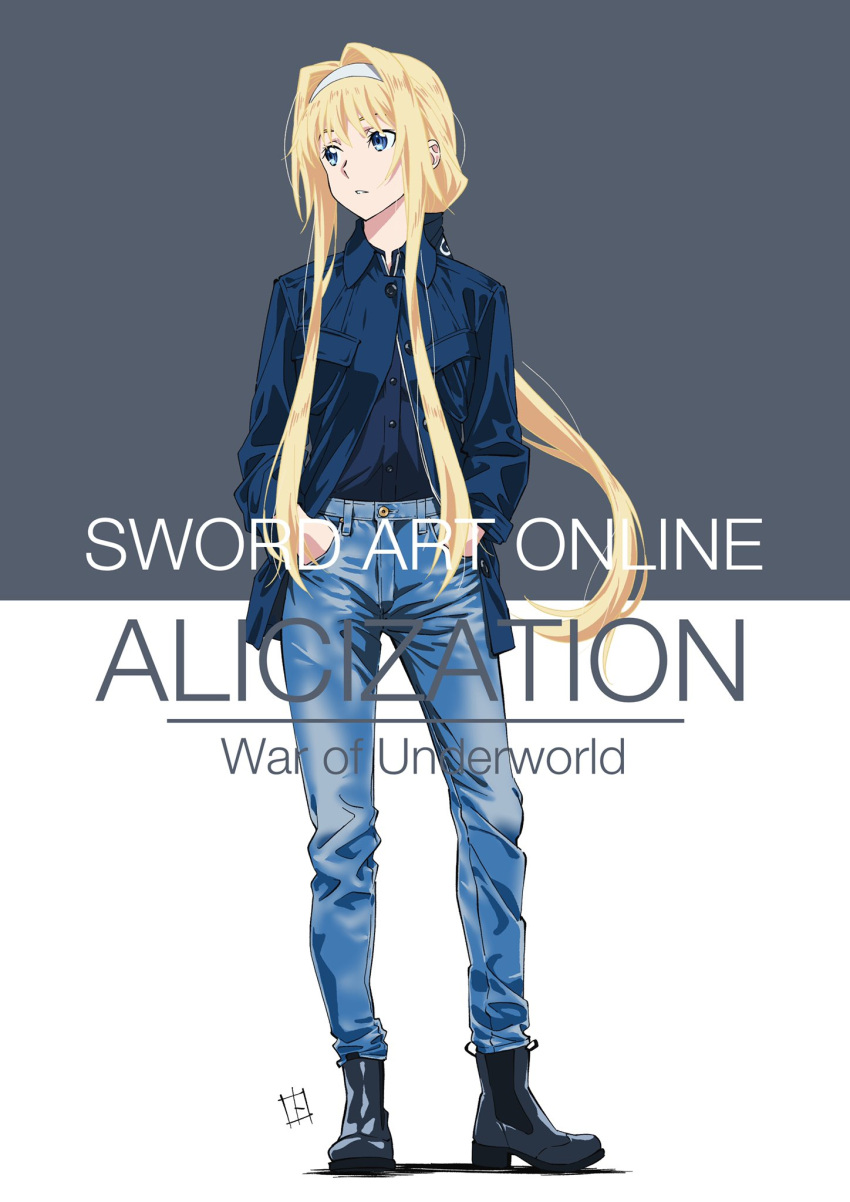 1girl alice_zuberg blonde_hair blue_eyes blue_jacket boots bow copyright_name denim hair_bow hands_in_pockets highres jacket jeans long_hair open_clothes open_jacket pants simple_background solo sword_art_online tokuoka_kouhei two-tone_background