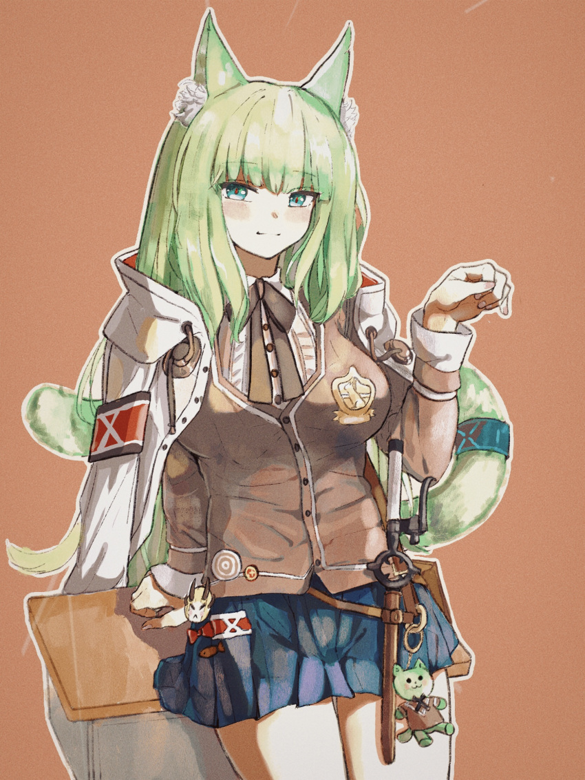 1326496175 1girl animal_ear_fluff animal_ears arknights black_ribbon black_skirt blush breasts brown_background brown_sweater_vest cat_ears cat_girl cat_tail character_doll cowboy_shot desk green_eyes green_hair hand_up harmonie_(arknights) highres jacket jacket_on_shoulders large_breasts long_hair long_sleeves neck_ribbon pleated_skirt red_pupils reed_(arknights) ribbon school_uniform shirt simple_background skirt smile solo split_mouth straight_hair sweater_vest tail tail_ornament tail_ring very_long_hair wand white_jacket white_shirt