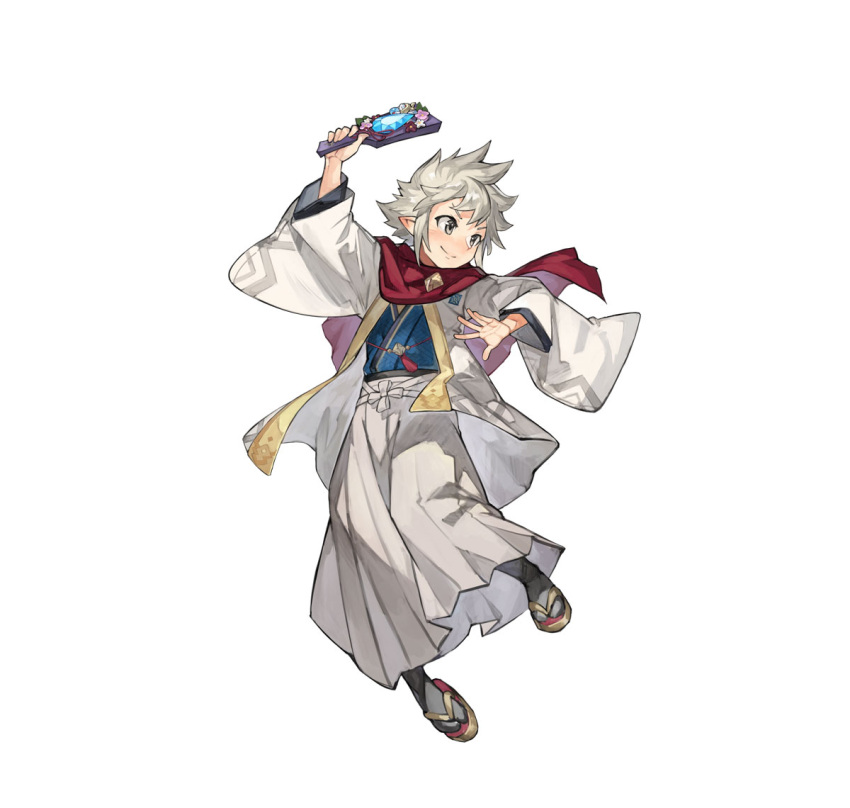 1boy attack dragonstone fire_emblem fire_emblem_heroes grey_eyes hagoita japanese_clothes kana_(fire_emblem) kana_(male)_(fire_emblem) kana_(male)_(rising_dragon)_(fire_emblem) kimono non-web_source official_alternate_costume official_art paddle scarf smile solo spiky_hair v-shaped_eyebrows white_hair