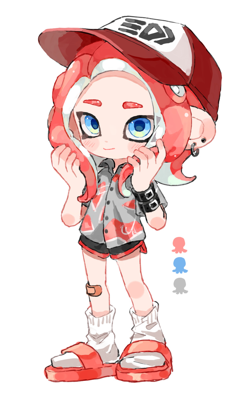 1girl absurdres baseball_cap black_shorts blue_eyes closed_mouth commentary_request ear_piercing earrings full_body hat hawaiian_shirt highres jewelry long_hair myon_rio octoling octoling_girl piercing red_footwear red_trim redhead sandals shirt short_shorts shorts simple_background smile socks solo splatoon_(series) standing tentacle_hair white_background white_socks
