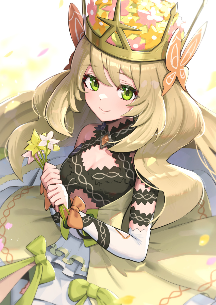 1girl bare_shoulders blonde_hair bow breasts butterfly_hair_ornament celine_(fire_emblem) cleavage_cutout closed_mouth clothing_cutout crown fire_emblem fire_emblem_engage flower gonzarez green_eyes hair_flower hair_ornament halterneck highres holding holding_flower long_hair looking_at_viewer petals small_breasts smile solo very_long_hair wavy_hair