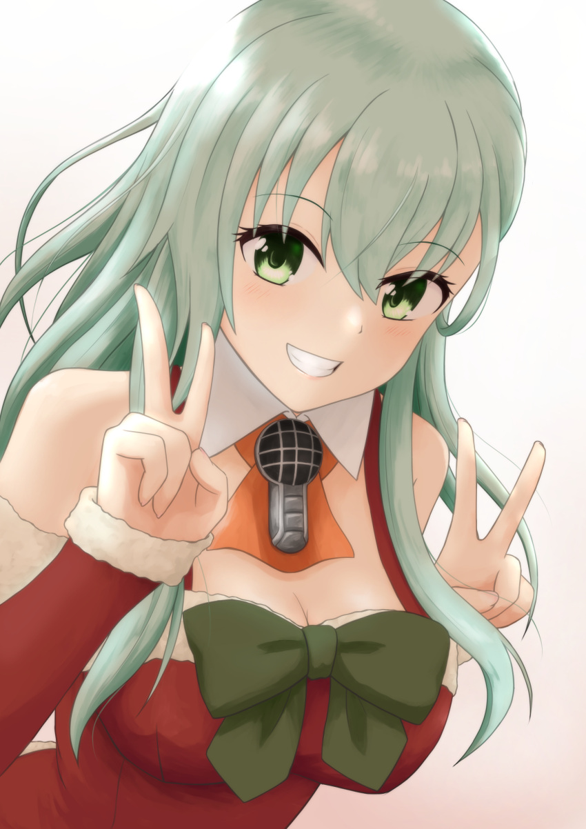 1girl aqua_eyes aqua_hair ascot blush breasts double_v dress escapist_uco hair_ornament hairclip highres kantai_collection large_breasts long_hair looking_at_viewer official_alternate_costume orange_ascot red_dress santa_costume santa_dress simple_background suzuya_(kancolle) upper_body v white_background