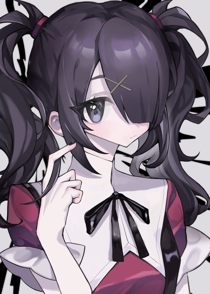 1girl absurdres ame-chan_(needy_girl_overdose) black_eyes black_hair black_nails black_ribbon closed_mouth collared_shirt grey_background hair_ornament hair_over_one_eye hair_tie hand_up highres long_hair looking_at_viewer nail_polish neck_ribbon needy_girl_overdose peco_(peco1n1) playing_with_own_hair red_shirt ribbon shirt solo twintails upper_body x_hair_ornament