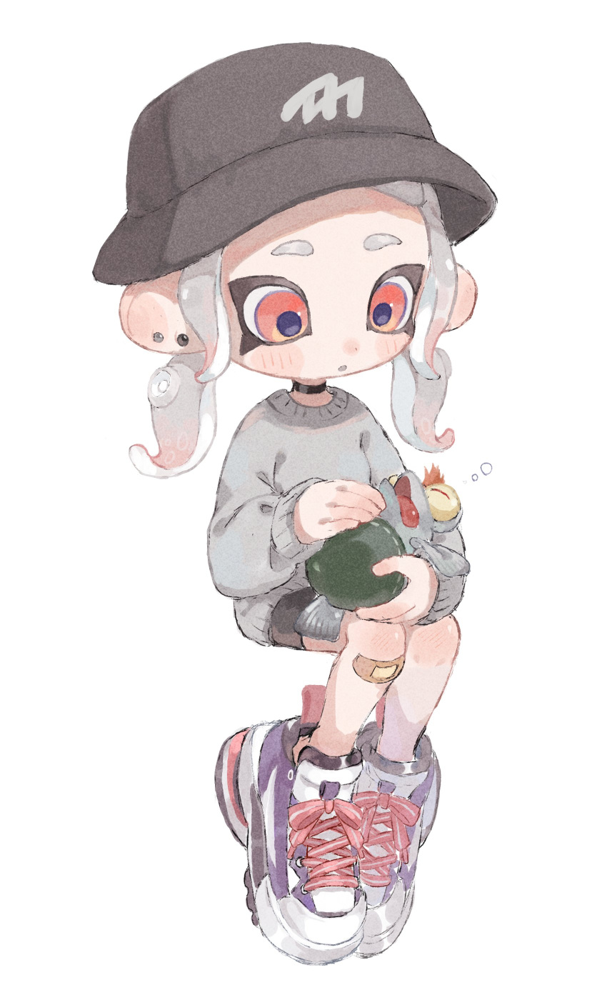 1girl :o absurdres bandaid bandaid_on_leg black_headwear ear_piercing full_body gradient_hair grey_hair grey_sweater hat highres long_hair low_twintails multicolored_hair myon_rio octoling octoling_girl piercing red_eyes redhead shoes simple_background smallfry_(splatoon) solo splatoon_(series) sweater tentacle_hair thick_eyebrows twintails two-tone_hair white_background