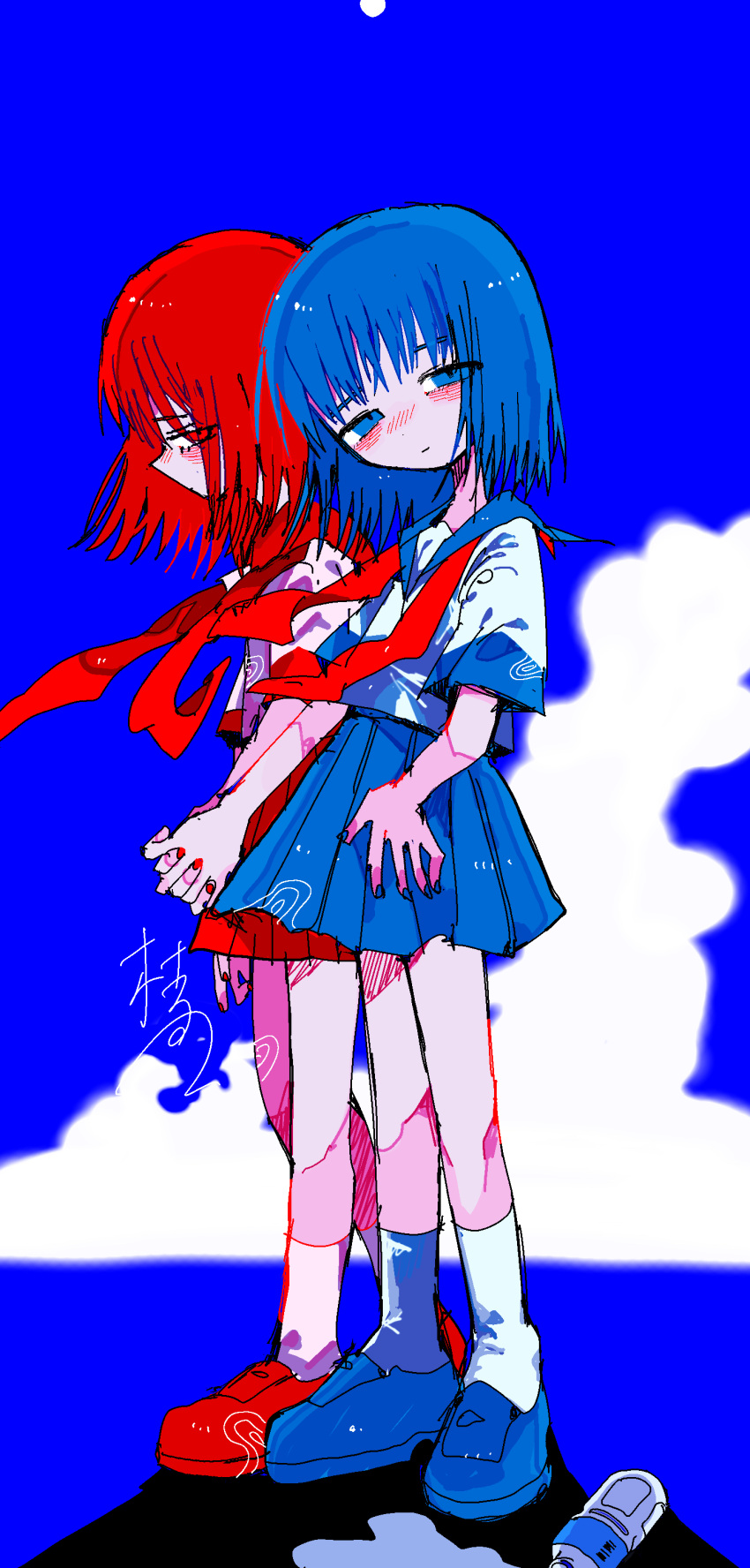 2girls absurdres blue_background blue_eyes blue_footwear blue_hair blue_nails blue_sailor_collar blush bottle closed_mouth clouds commentary_request cumulonimbus_cloud edanoma_meu floating_hair from_side half-closed_eyes hand_on_own_hip highres holding_hands light_smile looking_at_viewer medium_hair multiple_girls neckerchief original pink_shirt pleated_skirt polar_opposites profile red_eyes red_footwear red_nails red_neckerchief red_sailor_collar redhead sailor_collar shirt shoes short_sleeves side-by-side skirt spill standing undone_neckerchief water_bottle white_shirt