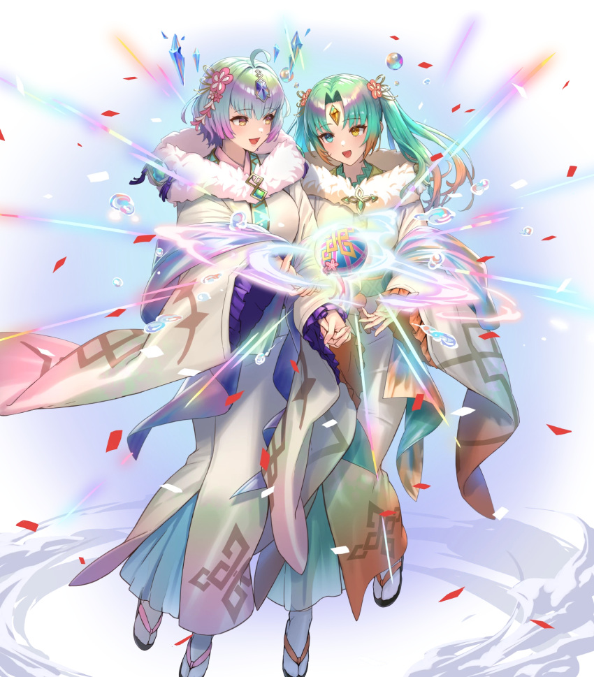 2girls ahoge aqua_eyes ball breasts bubble crystal cuboon fire_emblem fire_emblem_heroes forehead_jewel full_body glowing heidr_(fire_emblem) highres holding holding_ball japanese_clothes jewelry kimono large_breasts long_sleeves looking_to_the_side multicolored_hair multiple_girls non-web_source obi official_alternate_costume official_art open_mouth parted_lips purple_hair sandals sash second-party_source seidr_(fire_emblem) seidr_(new_year)_(fire_emblem) short_hair simple_background smile solo tabi teeth white_background yellow_eyes