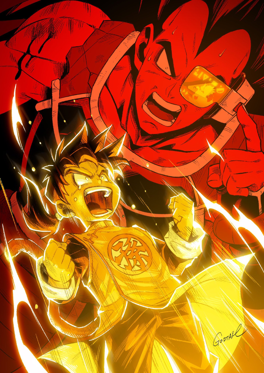 2boys angry armor artist_name aura black_hair black_pants blood broken_armor chinese_clothes clenched_hand collarbone dragon_ball dragon_ball_z floating_clothes godtail_t highres injury limited_palette long_hair long_sleeves male_focus monkey_tail multiple_boys nervous_sweating open_mouth pants ponytail powering_up raditz saiyan saiyan_armor scouter shouting son_gohan spiky_hair sweat tail tears teeth widow's_peak
