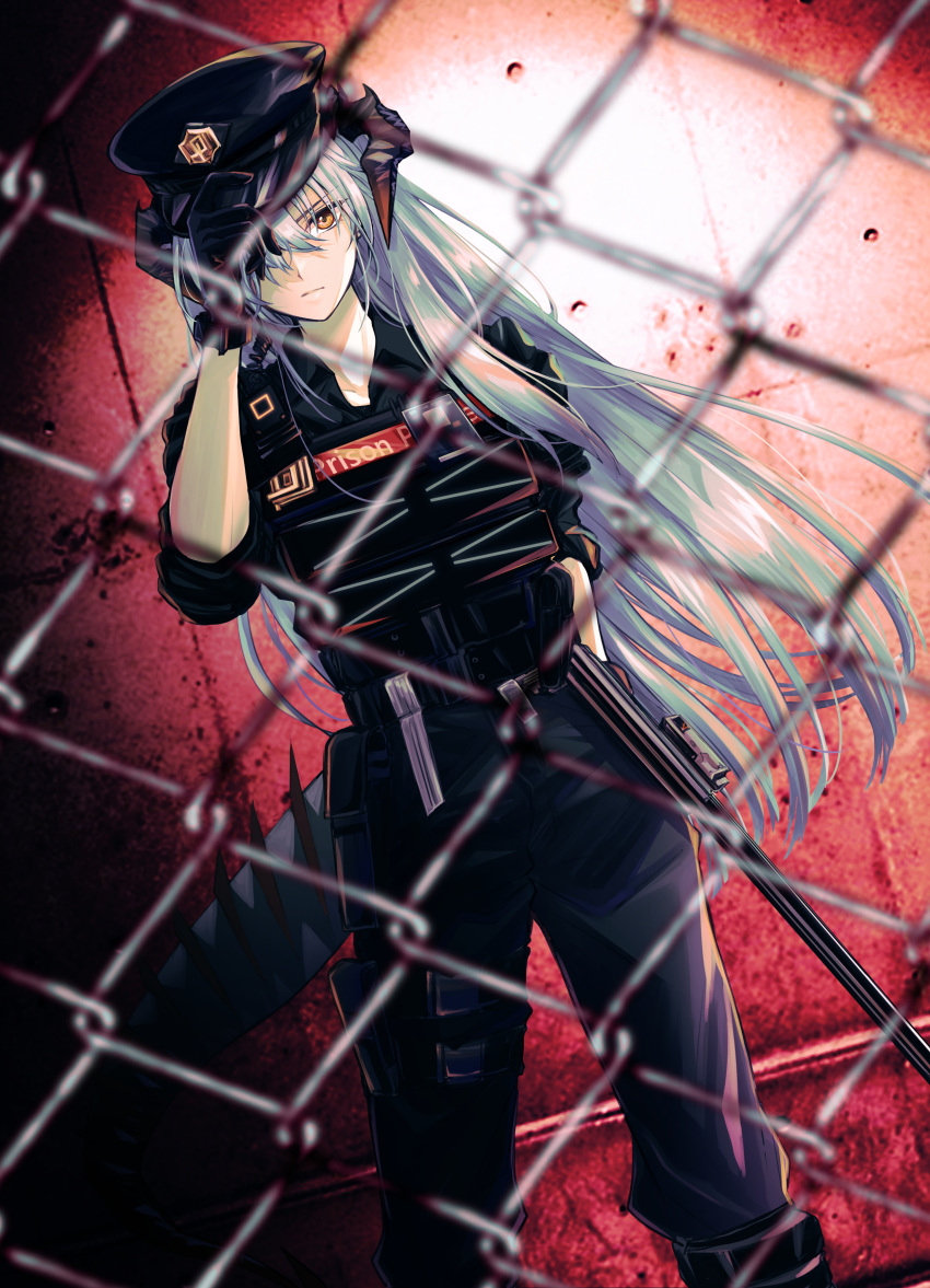 1girl absurdres arknights baton_(weapon) belt black_belt black_gloves black_headwear black_horns black_pants black_pouch black_shirt blurry blurry_background blurry_foreground body_armor buckle cable chain-link_fence chiwa_(chiwawanwan1206) closed_mouth collarbone collared_shirt commentary_request depth_of_field dragon_girl dragon_horns dragon_tail dutch_angle english_text feet_out_of_frame fence floating_hair gloves grey_hair grey_tail hair_over_eyes hand_on_headwear hand_up hat highres horns long_bangs long_hair long_sleeves looking_at_viewer multiple_belts official_alternate_costume one_eye_covered pants partially_unbuttoned peaked_cap plate_carrier police police_hat police_uniform policewoman pouch saria_(arknights) saria_(the_law)_(arknights) scales serious shadow shirt snap-fit_buckle solo spotlight standing stone_wall straight_hair tail thigh_belt thigh_pouch thigh_strap uniform v-shaped_eyebrows very_long_hair walkie-talkie weapon wing_collar yellow_eyes